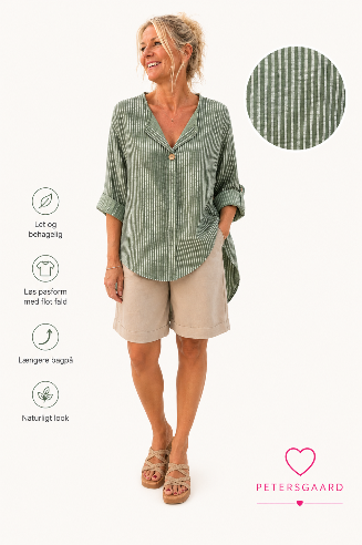 Bluse i khaki/hvid strib – 100% bomuld