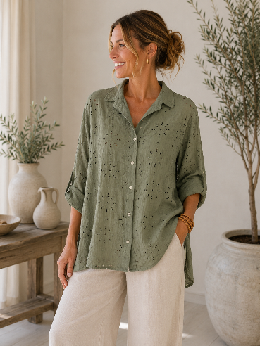 🌿 Khaki skjorte i Broderie Anglaise 🌿