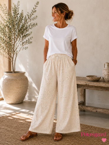 🌿 Broderie Anglaise Bukser i beige med Vidde 🌿