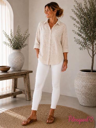 🌿 Beige skjorte i Broderie Anglaise 🌿