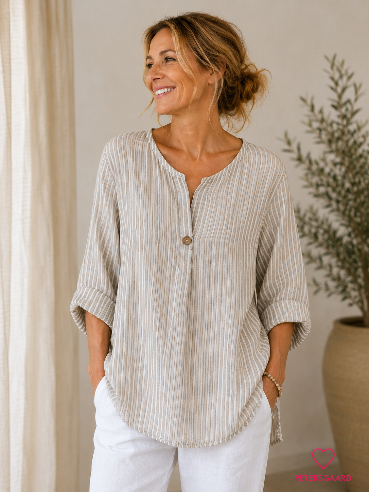 Bluse i taupe/hvid strib – 100% bomuld
