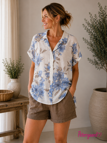 🌿 Feminin skjorte med smukt Lyseblå blomsterprint 🌿