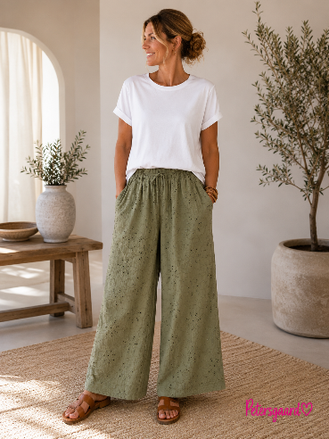 🌿 Broderie Anglaise Bukser i Khaki med Vidde 🌿