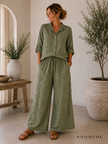 🌿 Khaki skjorte i Broderie Anglaise 🌿
