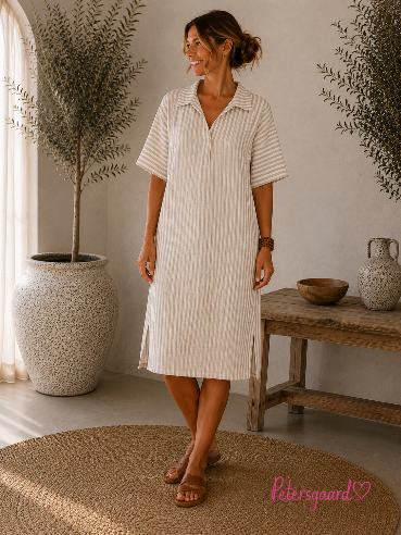 🤍 Stribet kjole med afslappet elegance 🤍Taupe/Hvid