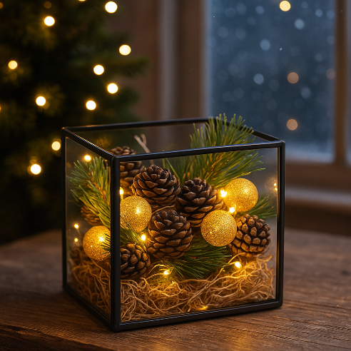 Glasdekoration med kogler og lyskæde