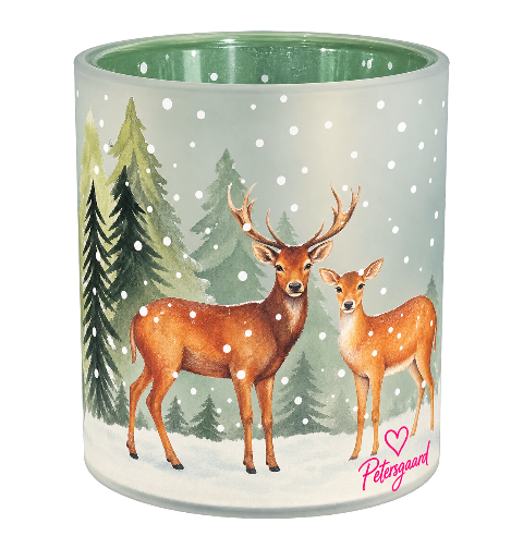 Smukt glas med rådyr og snelandskab – 10 cm