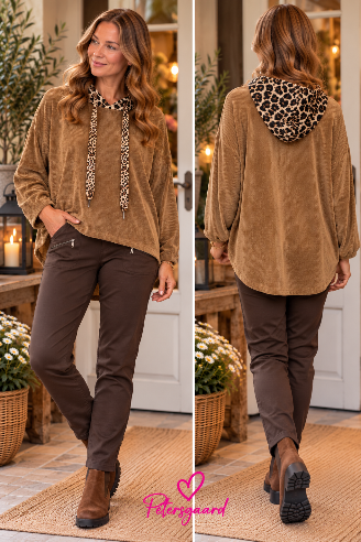 Lækker bluse i Camel i blød babyfløjl med leopardhætte – One Size 36-44