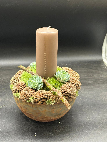 Dekoration med kalenderlys, kogler og sukkulenter