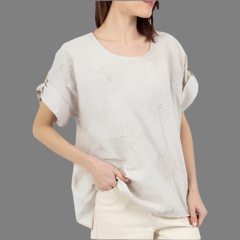 Bluse med broderi - Beige