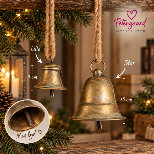 Smukke juleklokker i antikguld med lyd – 2 størrelser